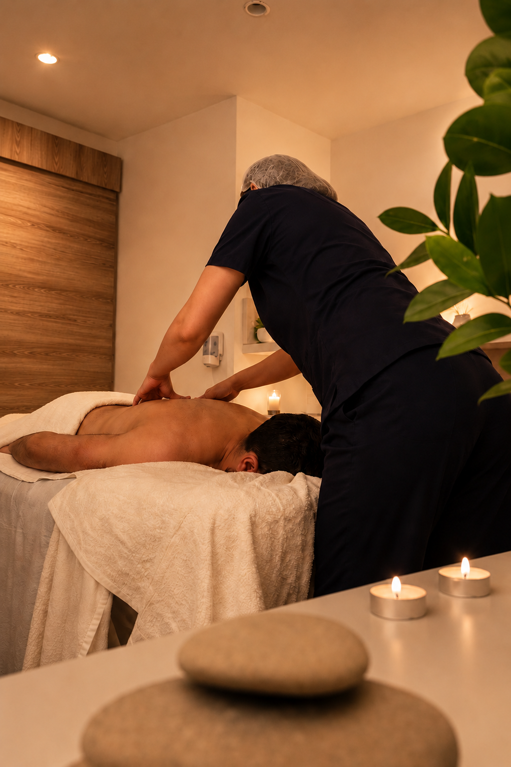 Hombre recibiendo masaje facial y corporal en spa