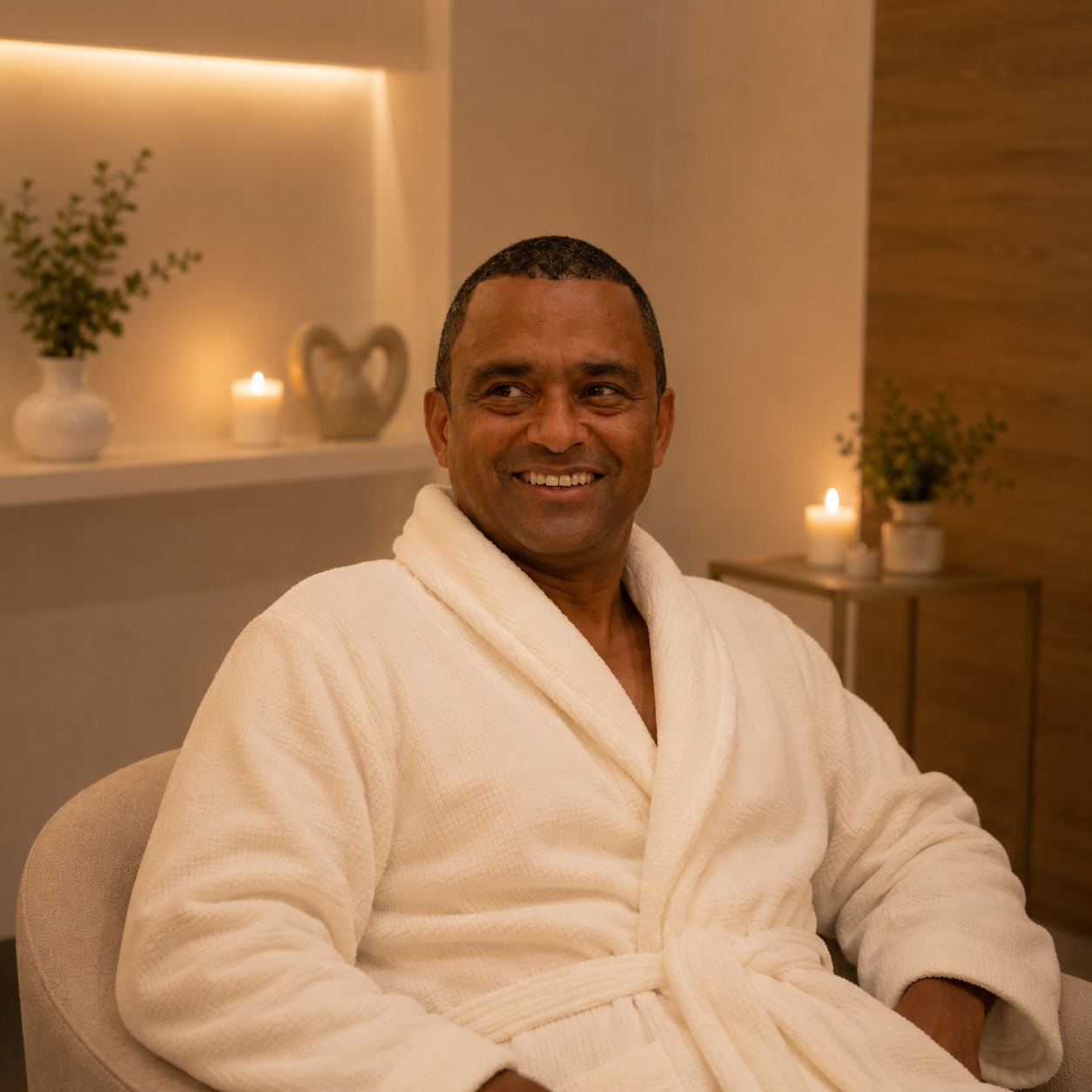 Hombre sonriente en bata blanca relajándose en el spa