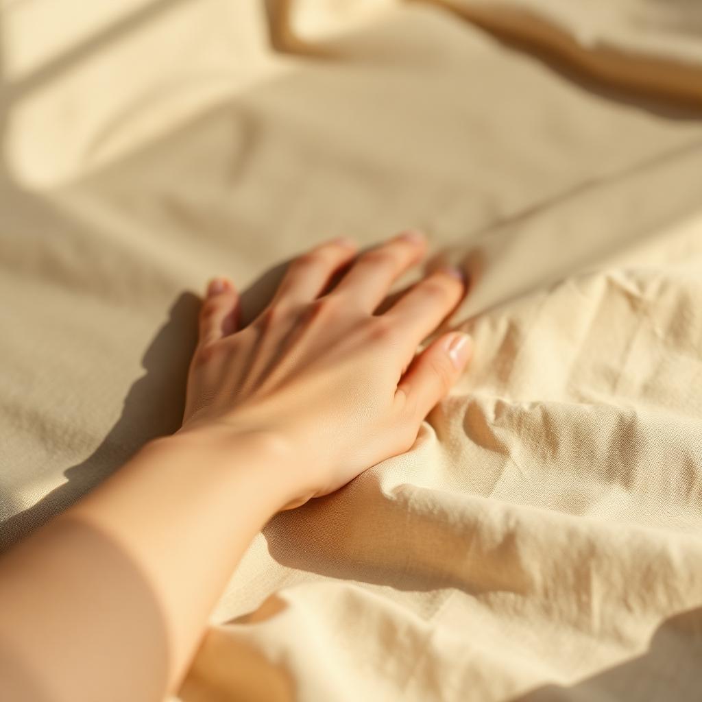 Mano descansando sobre lino con luz cálida