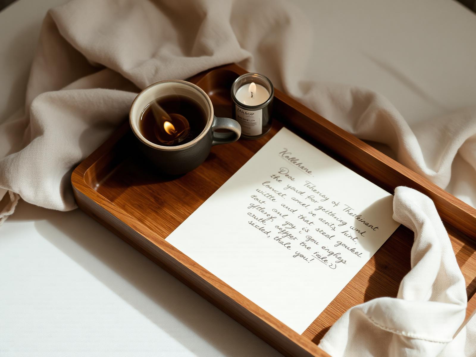 Bandeja de madera con carta escrita a mano, infusión y vela