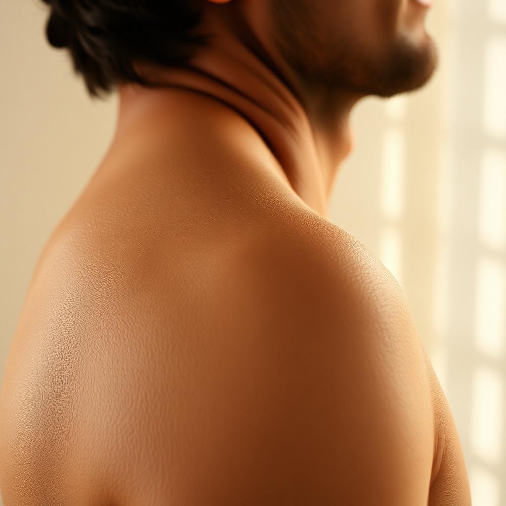Detalle editorial de piel masculina suave bajo luz cálida